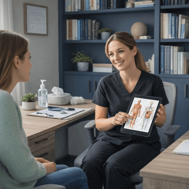 Medical provider explaining human anatomy diagram to patient during consultation.