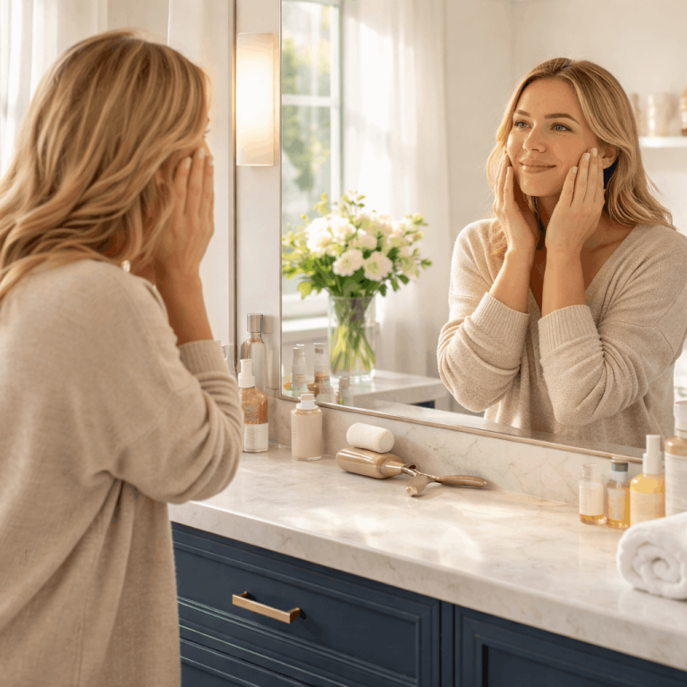 Woman applying facial skincare products while looking in bathroom mirror.