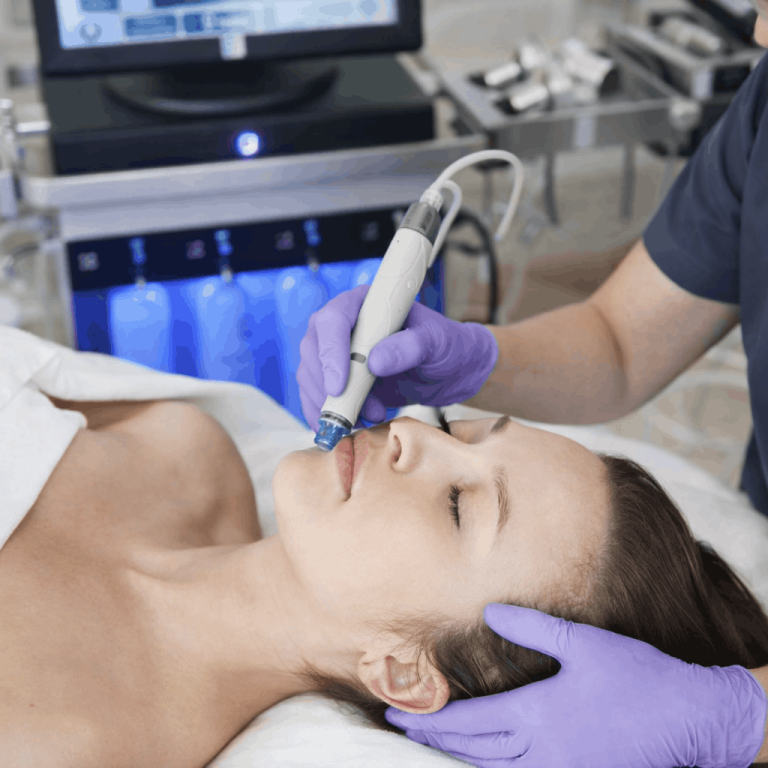 Aesthetic provider performing hydrafacial skin treatment with handheld device on female patient.