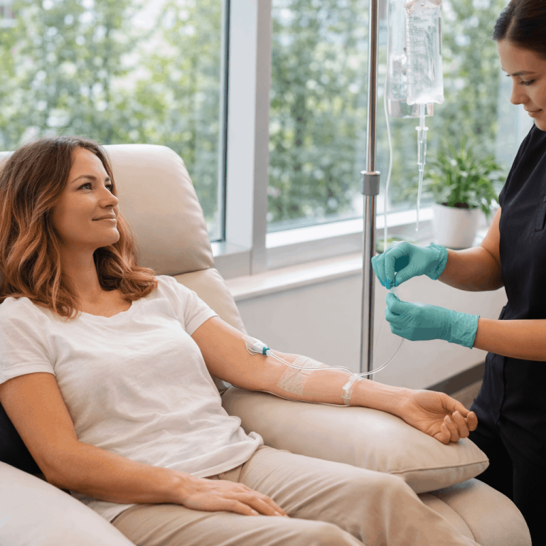 Patient receiving IV vitamin therapy treatment administered by medical professional.