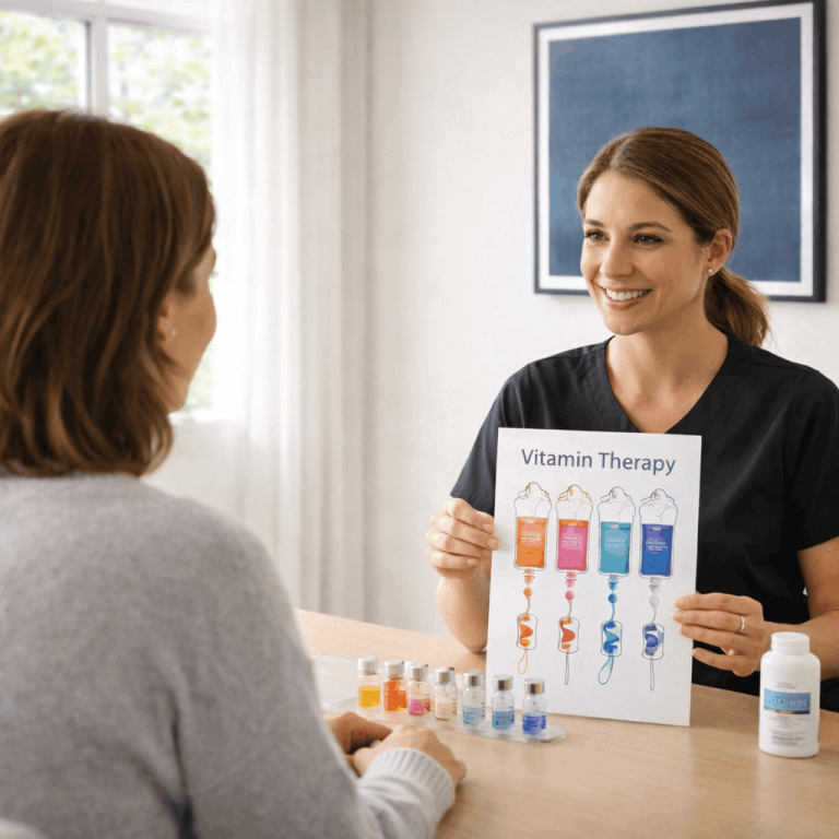 Aesthetic provider presenting vitamin therapy treatment options to patient.