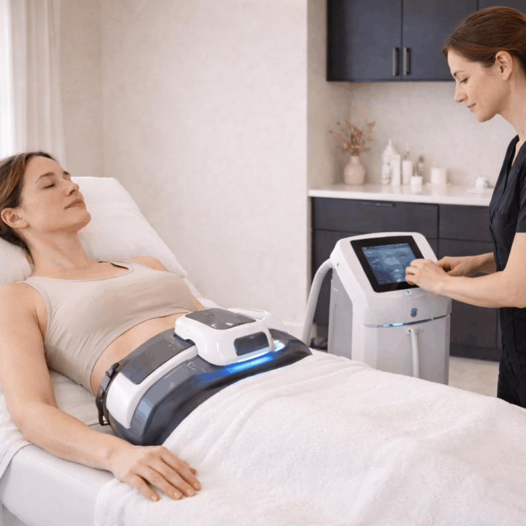 Patient receiving abdominal body contouring treatment with device while provider adjusts settings