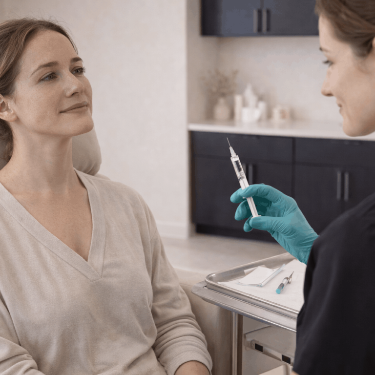 Aesthetic provider holding syringe while consulting patient before facial injection