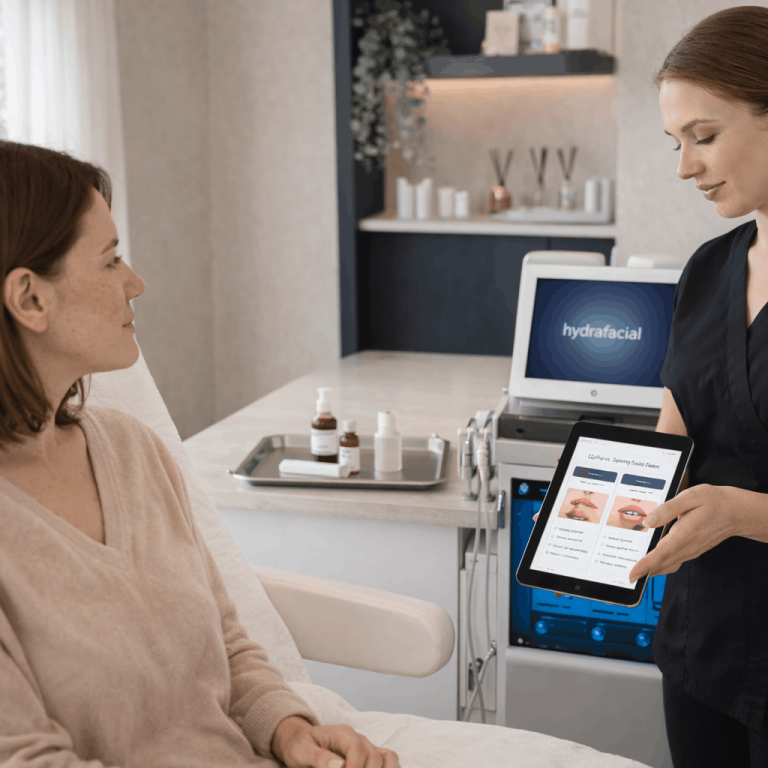 Provider presenting hydrafacial treatment options on tablet during consultation