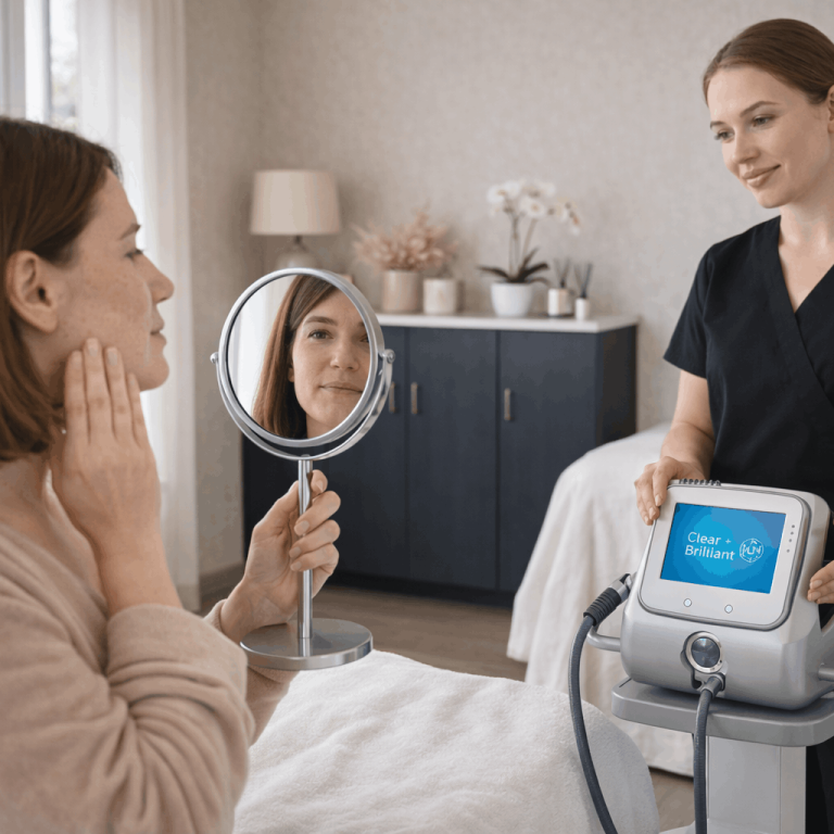 Patient examining skin in mirror while provider presents skincare device