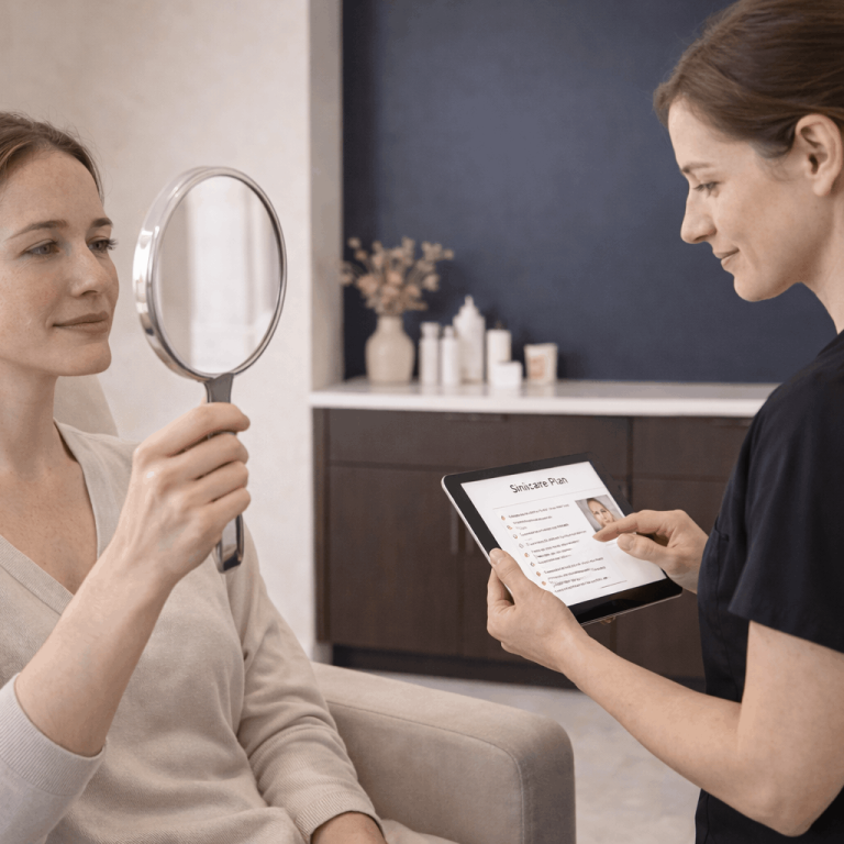 Patient holding mirror while provider reviews personalized skincare plan on tablet