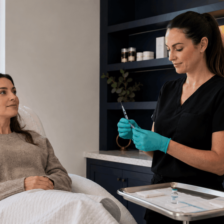 Medical aesthetic provider preparing injectable treatment while patient relaxes in treatment chair.