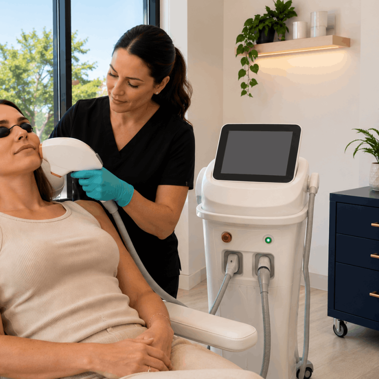 Provider administering laser facial treatment while patient wears protective eyewear.