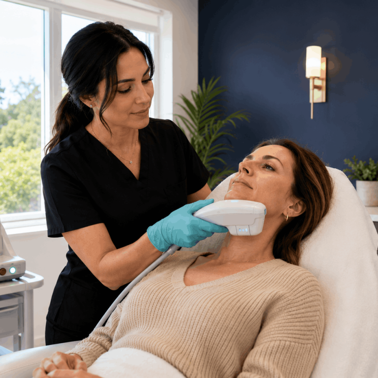 Provider performing non-invasive skin tightening treatment on patient’s jawline and neck.