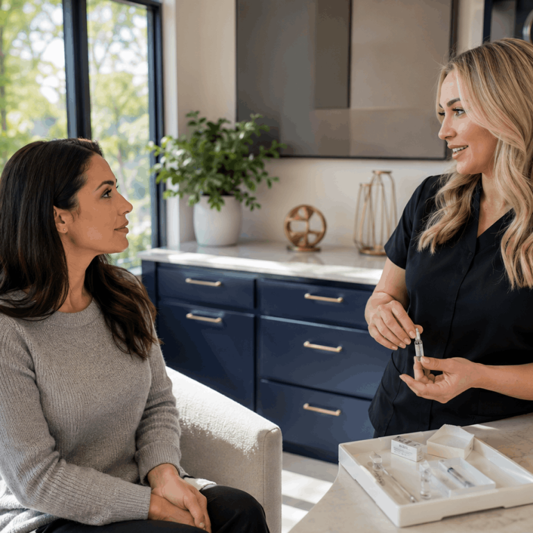 Provider discussing injectable treatment options while holding a syringe during a consultation.