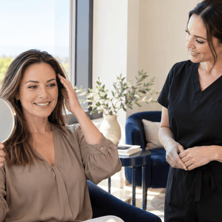Woman checking facial treatment results in a mirror with her provider