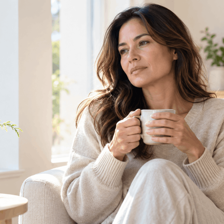 Woman relaxing at home while holding a warm drink