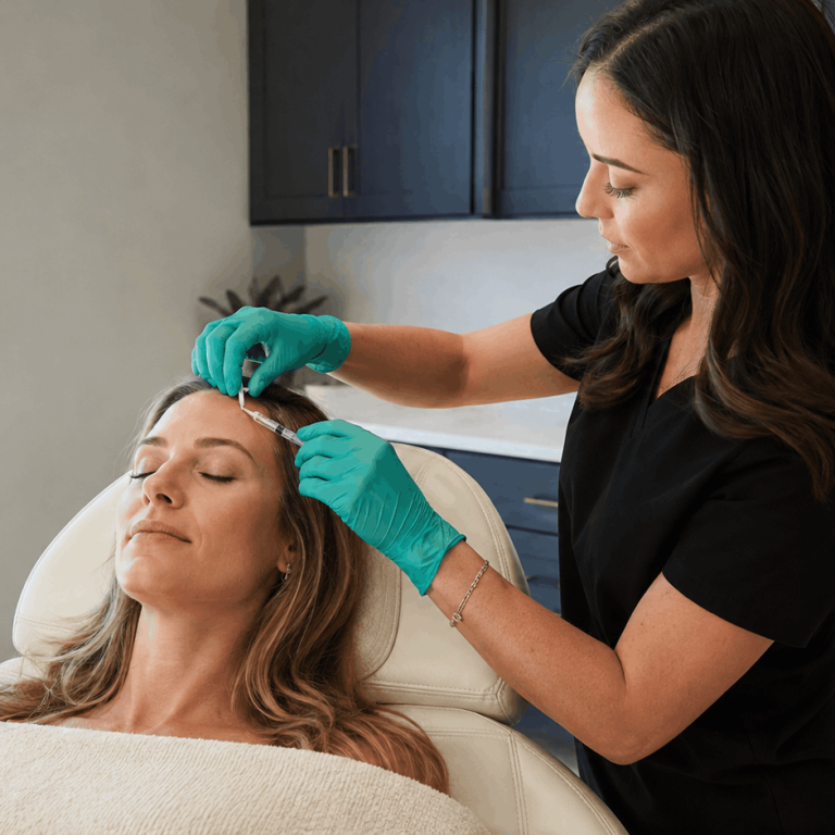 Medical provider performing an injection treatment on a patient’s forehead.