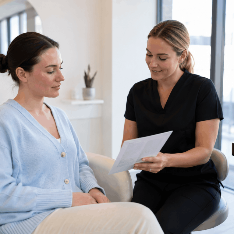 Provider reviews treatment paperwork with a patient seated in a modern medical aesthetics clinic.