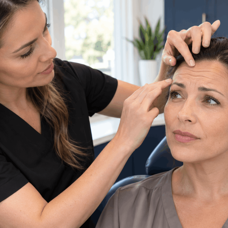 Aesthetic provider examining expression lines on a woman's forehead